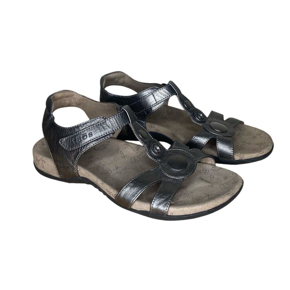 Taos Sandals Size 9 Treasure Metallic Silver Leather Adjustable T Strap Pewter